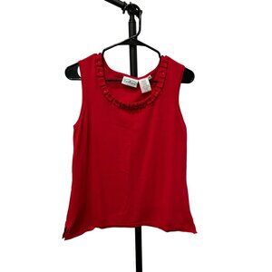Patchington Red Sleeveless Tank Top Round Ruffle Beaded Neckline Sz M
